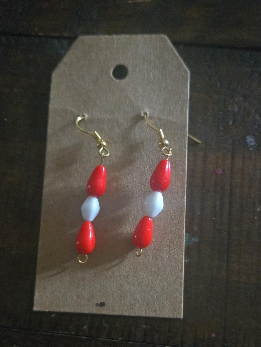 Red and White Beaded Drop Earrings